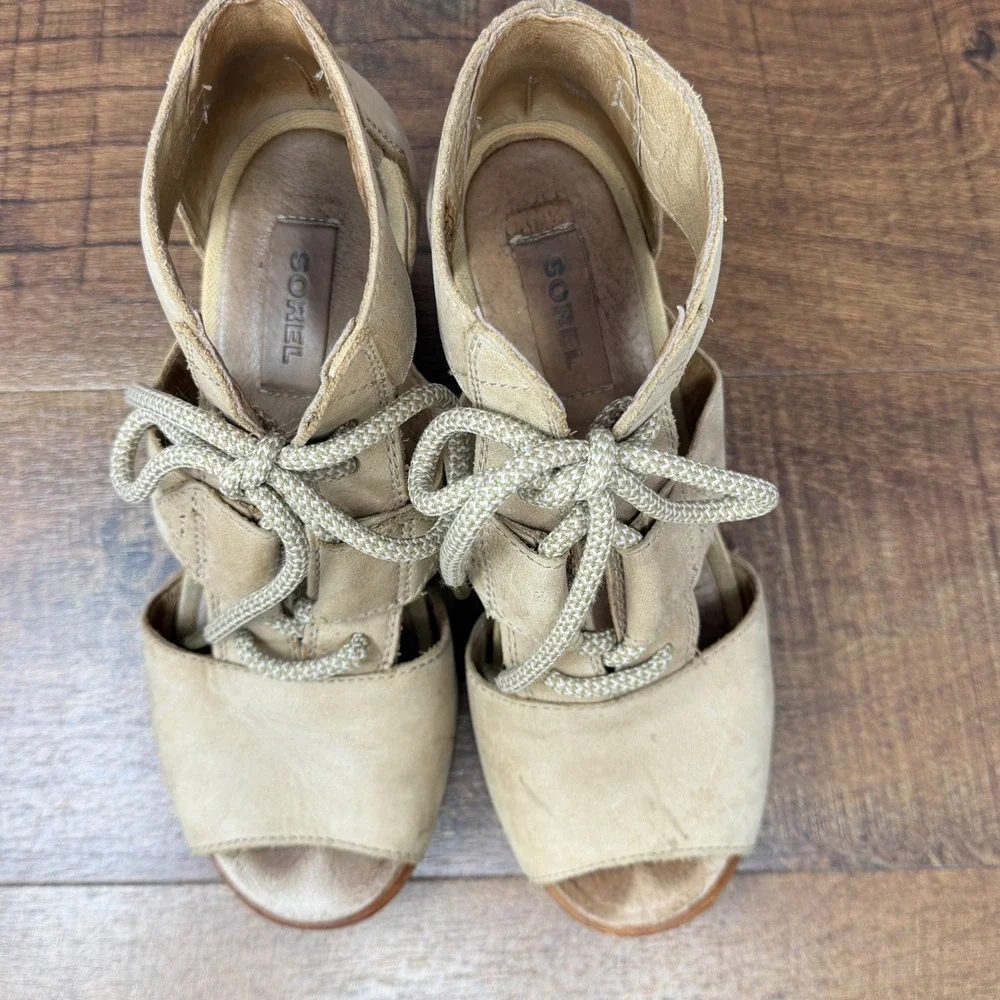 SOREL Joanie Lace Sandal Tan Suede Wedge Heel Open Toe 6